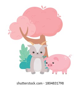 süße Ziegensitze und Schweinebüsche, grasbewachsene Tiere in einer natürlichen Landschaft, Vektorgrafik