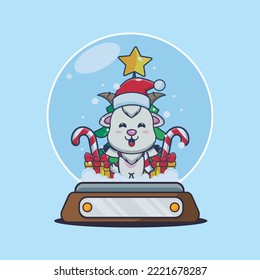 Cute goat in snow globe. Cute christmas cartoon illustration.