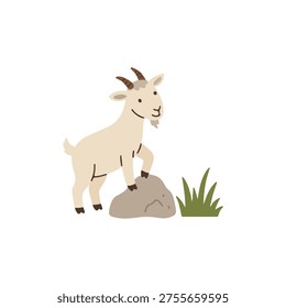 Cute goat standing on rock with green grass flat illustration scandinavian style