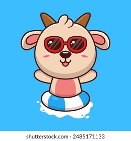 Cute goat in sunglasses floating with swimming. flat cartoon style