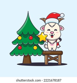 Cute goat taking star from christmas tree. Cute christmas cartoon illustration. 