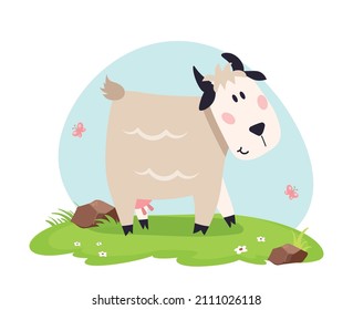 Ilustración plana vectorial de cabra con paisaje aislado sobre fondo blanco. Caricatura de caricatura de cabras animales de granja.
