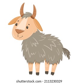 Cute goat vector flat illustration isolated on white background. Farm goat cartoon character. Agriculture, farmers, soapy goat in cartoon style