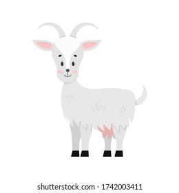Cute goat vector icon isolated on white background. Farm animal happy female goat with udder cartoon character. Flat style graphic design element illustration.