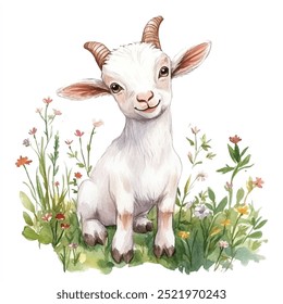 Cute Goat watercolor clipart isolated white background 