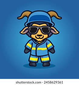 cute goat wearing firefighter costume cartoon character vector illustration template design