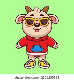 Cute goat wearing hoodie jacket and wearing glasses cartoon animal