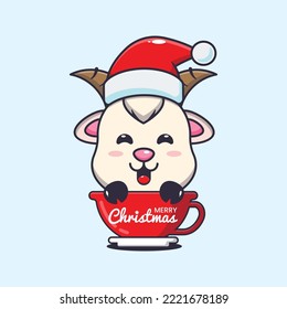 Cute goat wearing santa hat in cup. Cute christmas cartoon illustration. 