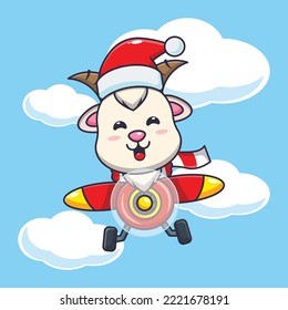 Cute goat wearing santa hat flying with plane. Cute christmas cartoon illustration. 