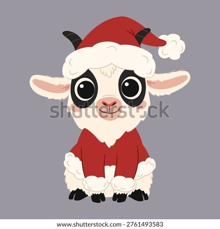 A cute goat wearing a Santa hat and outfit. The symbol of 2027, flat vector illustration 