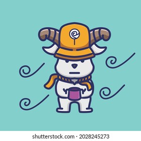 cute goat winter holding a cup of coffee. animal cartoon isolated style flat vector illustration