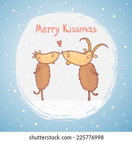 Cute goats kissing on snow. Merry Christmas and Happy New Year greeting card. Vector illustration.