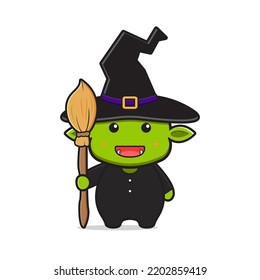 Cute goblin wear witch costume halloween celebration mascot character cartoon icon illustration. Design isolated flat cartoon style