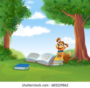 Cute god with books outdoors under a tree in sunny summer day, vector illustration