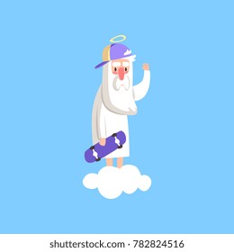 Cute god character wearing cap and holding skate board. Religious theme for children book, card, poster. Flat vector isolated on blue background.