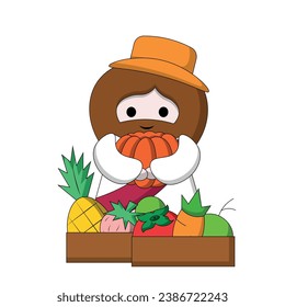 Cute God Jesus Christ with vegetable and fruit in color