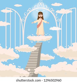 Cute God smiles with love with open arms, the road to heaven, the open gates of heaven, the nimbus of the saint over his head, on a cloud in heaven, sky, clouds, Christianity, vector, isolated