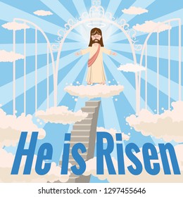 Cute God smiles and love and open arms  the road to heaven  the open gates heaven  the nimbus the saint over his head  He is Risen  cloud in heaven  sky  clouds  Christianity  vector