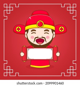 Cute God of wealth with empty paper cartoon character. Chinese ornament frame