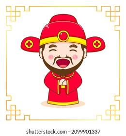 Cute God of wealth greeting pose cartoon character. Chinese ornament frame