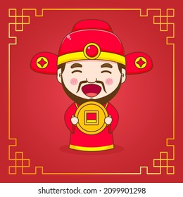 Cute God of wealth holding coin cartoon character. Chinese ornament frame