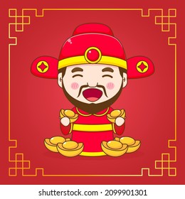 Cute God of wealth holding gold ingot cartoon character. Chinese ornament frame