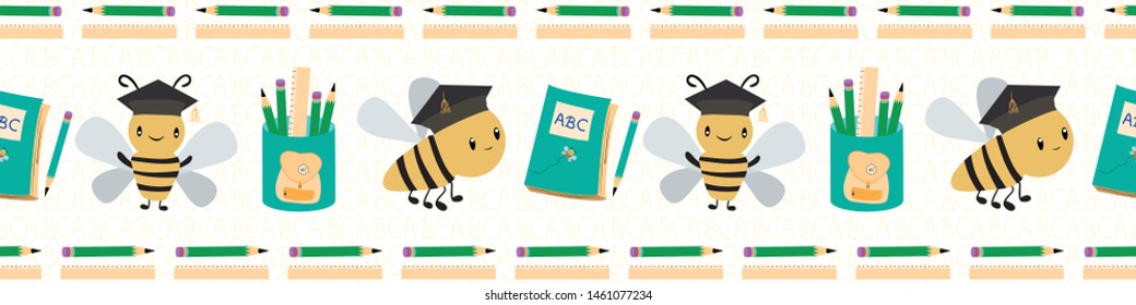 Cute Going Back To School Border With Bees, Books And Pencils. Seamless Vector Pattern On White Textured Background. Great For Children, School, Education, Spelling Bee Products, Stationery