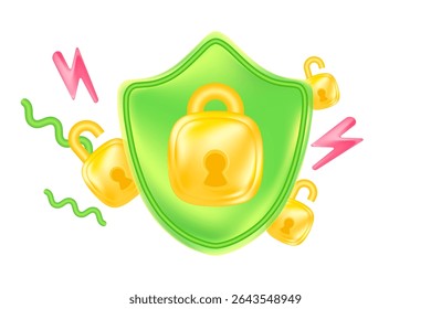 Cute gold 3D data security locked, unlocked padlock protection icon, light green security shield design element isolated, transparent background. Glowing glass texture cyber data illustration.