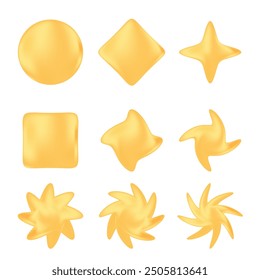 Cute gold 3D geometric shapes set, glowing circle, square, star, rhombus with liquid gradient texture. Aesthetic y2k style icons isolated. Elegant abstract elements for social media, posters, banners.