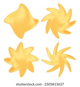 Cute gold 3D geometric stars set, glowing star with liquid gradient texture. Aesthetic y2k style icons isolated. Elegant abstract elements for social media, posters, banners.
