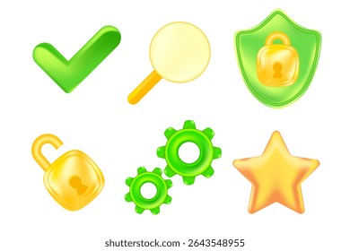 Cute gold 3D security icon set shield, green check mark, security unlocked padlock, star, search, gears design element isolated, transparent background. Glowing glass texture cyber data illustration.