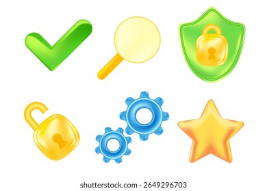 Bonito ícone de segurança 3D ouro conjunto escudo, marca de verificação verde, segurança desbloqueado cadeado, estrela, busca, azul engrenagens design elemento isolado, fundo transparente. Ilustração de textura de vidro brilhante.