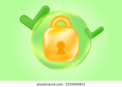 Ícone de cadeado de segurança 3D ouro bonito isolado, fundo gradiente verde claro. Proteção de dados pessoais, elemento de confiança de segurança, apresentação, infográficos, banner cibernético
