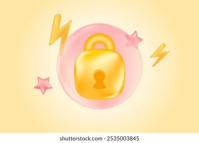 Cute gold 3D security padlock icon, smart home remote control protection system. Glowing glass or plastic texture information protection design element, presentation, infographic, banner