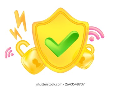 Cute gold 3D security shield with green check mark icon, security locked, unlocked padlock protection design element isolated, transparent background. Glowing glass texture cyber data illustration.