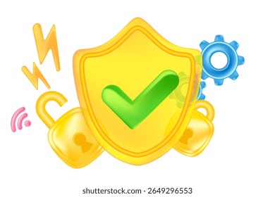 Cute gold 3D security shield with green check mark icon, security locked, unlocked padlock protection design element isolated, transparent background. Glowing glass texture cyber data illustration.