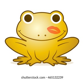 Cute gold cartoon frog with a happy beaming smile and a lipstick kiss on its cheek, conceptual of the fairytale of the prince