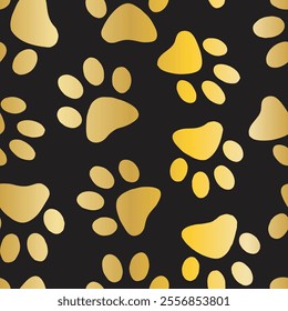 Cute Gold cat paw prints on black seamless vector pattern background wallpaper textile scrapbook