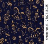 Cute gold Christmas vector seamless Nutcracker pattern.  Seamless pattern can be used for wallpaper, pattern fills, web page background, surface textures.