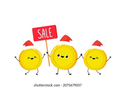 Cute gold coin character. Coin cartoon characters isolated on white background. Sale out sign.