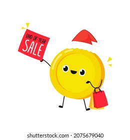 Cute gold coin character. Coin cartoon characters isolated on white background. Shopping bag. End of year sale illustration.