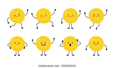 Cute gold coin in different poses. Money coin runs, jumps, is happy, sad, angry. Funny vector cartoon characters isolated on white background