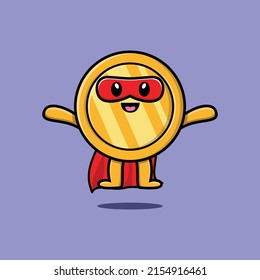 Cute gold coin superhero character flaying illustration cartoon vector in concept 3d modern style