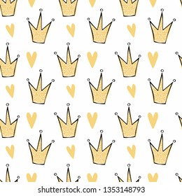 Cute gold crowns seamless pattern.