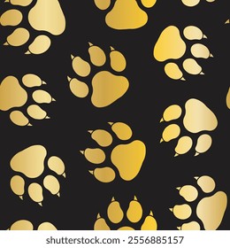 Cute Gold dog paw prints with claws on black seamless vector pattern background wallpaper scrapbook
