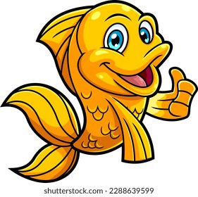 Cute Gold Fish Cartoon Character Showing Thumbs Up. Vector Hand Drawn Illustration Isolated On Transparent Background