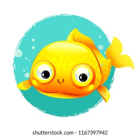 Cute Gold fish cartoon vector illustration. Design Print Sea Theme with a goldfish. Cartoon character.