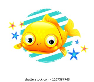 Cute Gold fish cartoon vector illustration. Design Print Sea Theme with a goldfish. Cartoon character.