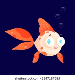 Cute gold fish vector illustration. Cartoon isolated orange underwater baby fish character with tail, funny eyes on face and fins, tropical little goldfish on dark blue background of sea bottom