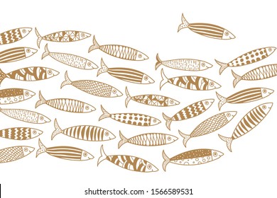 Cute gold fish. Wave. Vector sea poster.